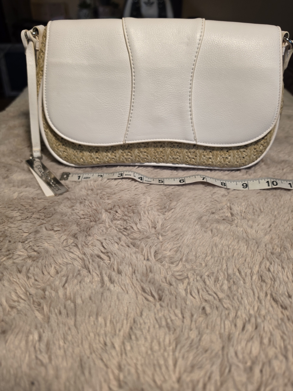 Enzo Angiolini White and Tan Straw-Trim Shoulder Bag With Silver Accents